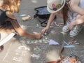 Vinnitsa, Ukraine. 08/24/2019. Children draw on the pavement with chalk