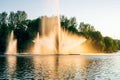 Vinnitsa, Ukraine. Dancing fountain on the river. Beautiful fountain on sunset background. Royalty Free Stock Photo