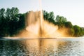 Vinnitsa, Ukraine. Dancing fountain on the river. Beautiful fountain on sunset background. Royalty Free Stock Photo