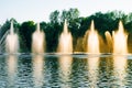 Vinnitsa, Ukraine. Fountains show with music and color. Fountains splashing on the river. Dancing fountains on a beautiful summer