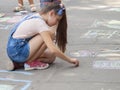 Vinnitsa, Ukraine. 08/24/2019. Children draw on the pavement with chalk