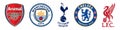 Vinnitsa, Ukraine - November 08, 2022: Football soccer Premier League clubs icons. Arsenal, Manchester City, Tottenham, Chelsea, L