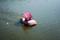 Vinnitsa, Ukraine, September, 2021. Two girls are sailing on a catamaran