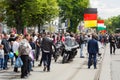 People consider motorcycles, during the rally of bikers, at the celebration of Europe Day