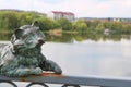 Statue of cat on the Kyiv bridge railing in Vinnytsia, Ukraine