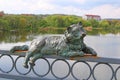 Statue of cat on the Kyiv bridge railing in Vinnytsia, Ukraine