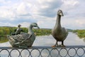 Statue of geese on the Kyiv bridge railing in Vinnytsia, Ukraine