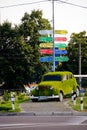Vinnytsia, Ukraine - August 10, 2017: Decorative old car of plants and pointers with directions.