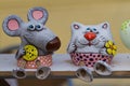 Vinnytsia, Ukraine - 18.05.2019: handmade authorial ceramic clay funny animal mouse and cat toys on sale Royalty Free Stock Photo