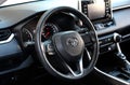 Vinnytsia, Ukraine March 06, 2024. New Toyota RAV4 steering wheel. Close up Toyota steering wheel. Toyota RAV4 dashboard.