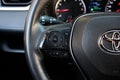 Vinnytsia, Ukraine March 06, 2024. Toyota RAV4 steering wheel. Close up Toyota steering wheel. Toyota RAV4 dashboard.