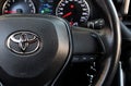 Vinnytsia, Ukraine March 06, 2024. Toyota RAV4 steering wheel. Close up Toyota steering wheel. Toyota RAV4 dashboard.