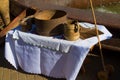 Open air exhibition of ancient dinnerware and kitchen goods, restored authentic clay and wooden tools of XIX century in Vinnytsia