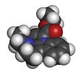 Vinpocetine molecule. Semisynthetic vinca alkaloid derivative, used as drug and as dietary supplement. Atoms are represented as