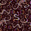 Vintage abstract psychedelic lizards and snakes seamless pattern, isolated on dark brown background