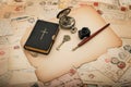 Vintage accessories with old postcards and papers Royalty Free Stock Photo