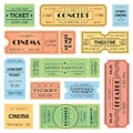 Vintage admitted cinema, music festival pass, train ticket. Isolated amusement admission tickets vector set Royalty Free Stock Photo