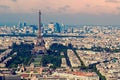 Vintage aerial view with Eiffel tower and La Defense district in Royalty Free Stock Photo