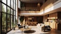 Vintage aesthetics, Spacious, double-height lounge in an apartment building with and open second level that combines the warmth of