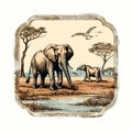 Vintage African Animals Illustration: Stamp Safari In Coastal Scenery Royalty Free Stock Photo