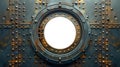 Ship Porthole Mounted on a Rusty Iron Hull with a White Background. Generative AI Royalty Free Stock Photo