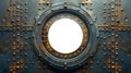 Ship Porthole Mounted on a Rusty Iron Hull with a White Background. Generative AI