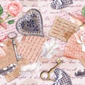 Vintage aged paper, flowers, hand written letters, keys, roses, pink textile hearts. Seamless background