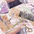 Vintage aged paper with lavender flowers, hand written letters, old keys, textile hearts. Repeating background