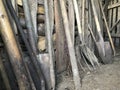 Vintage agricultural tools stand in a row in a wooden barn: rakes, hoes, pitchfork, shovels and more