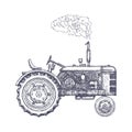 Vintage agricultural tractor, sketch. Hand drawn Vector