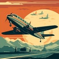 Vintage aircraft soaring through the sky with a scenic airport backdrop