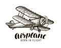 Flying airplane, biplane. Vintage sketch vector illustration Royalty Free Stock Photo