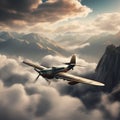 A vintage airplane flying over a mountain range, dramatic clouds, ultra-realistic Royalty Free Stock Photo