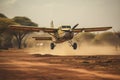 Vintage airplane landing in the desert of Africa. Vintage style, small prop plane, landing on dirt landing strip in Africa, AI Royalty Free Stock Photo