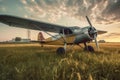 vintage airplane parked on grass airfield at sunset