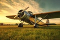vintage airplane parked on grass airfield at sunset