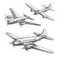 Vintage airplane sketches, three propeller planes, hand drawn illustrations Royalty Free Stock Photo