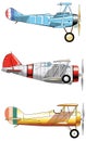 Vintage Airplanes. Design set. Old fashion blue red yellow army aircraft.