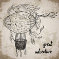 Vintage airship. Cartoon steampunk styled flying airship. Royalty Free Stock Photo