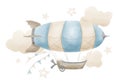 Vintage Airship with garlands and clouds in pastel blue and beige colors on isolated background. Hand drawn watercolor Royalty Free Stock Photo