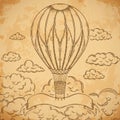 Vintage airship with ribbon and clouds on aged paper background.