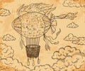 Vintage airship with ribbon and clouds on aged paper background.