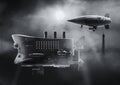 Vintage airship Zeppelin. in the sky. 3d illustration Royalty Free Stock Photo