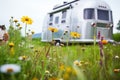 a vintage airstream trailer parked amidst a field of wildflowers