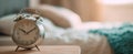 The Vintage Alarm Clock on a Bedside Table in a Cozy Bedroom Setting.AI generated image Royalty Free Stock Photo