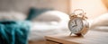The vintage alarm clock on a bedside table in a cozy bedroom setting..AI generated image Royalty Free Stock Photo