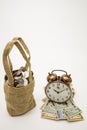 Vintage alarm clock cash coins bag time investment strategy Royalty Free Stock Photo