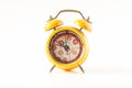 Vintage alarm clock, decorative, on a white background,