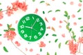 Vintage alarm clock flat lay with colorful springtime decoration Royalty Free Stock Photo