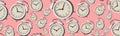 Vintage alarm clock pattern on a pink background, long banner